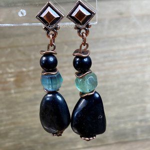 Shungite + Fluorite + Antique Copper Dangle Earrings